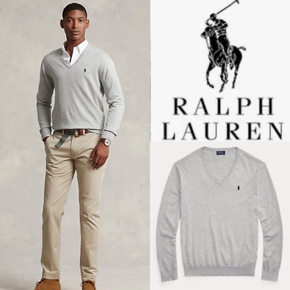 RALPH LAUREN POLO MENS PIMA COTTON V NECK LONG SLEEVE HEATHER GREY SWEATER - Picture 1 of 8
